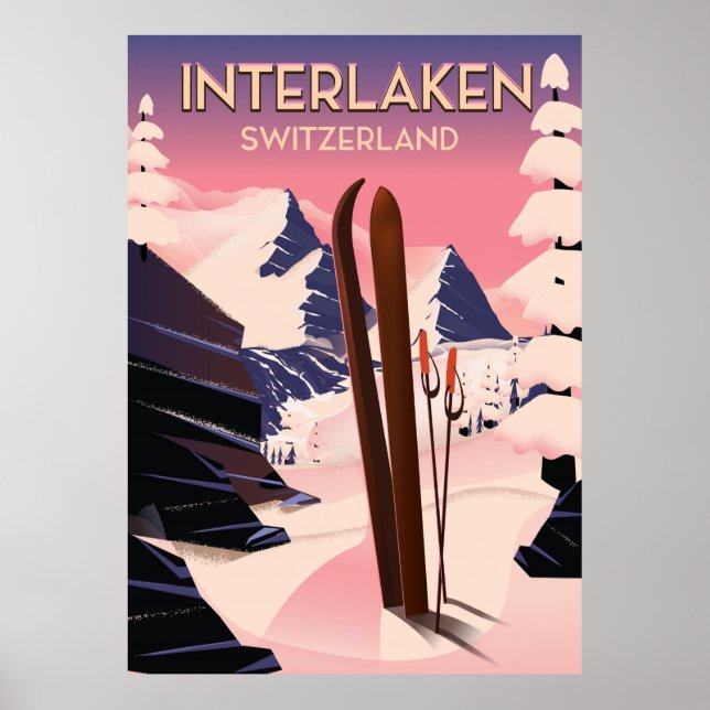 Interlaken Schweiz Skifahrplakat. Poster (Vorne)