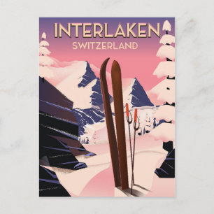 Interlaken Schweiz Skifahrplakat. Postkarte