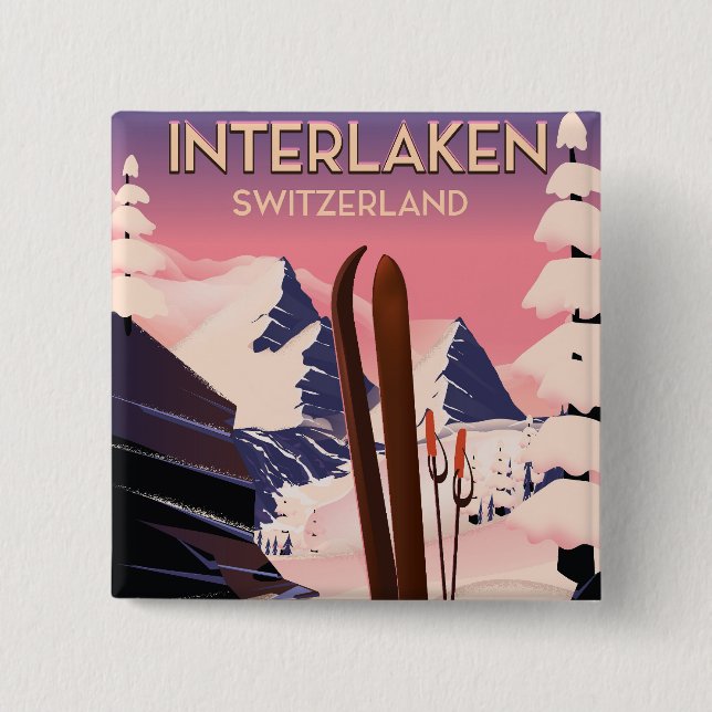 Interlaken Schweiz Skireiseplakat. Button (Vorderseite)