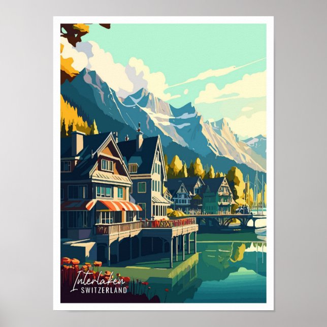 Interlaken Schweiz Vintage Illustration Poster (Vorne)