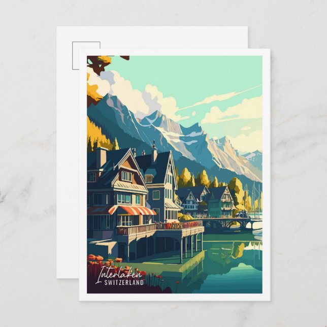 Interlaken Schweiz Vintage Illustration Postkarte (Vorne/Hinten)
