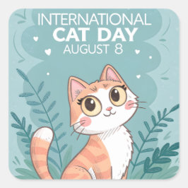 International Cat Day Cute Whimsical Cat Art Quadratischer Aufkleber