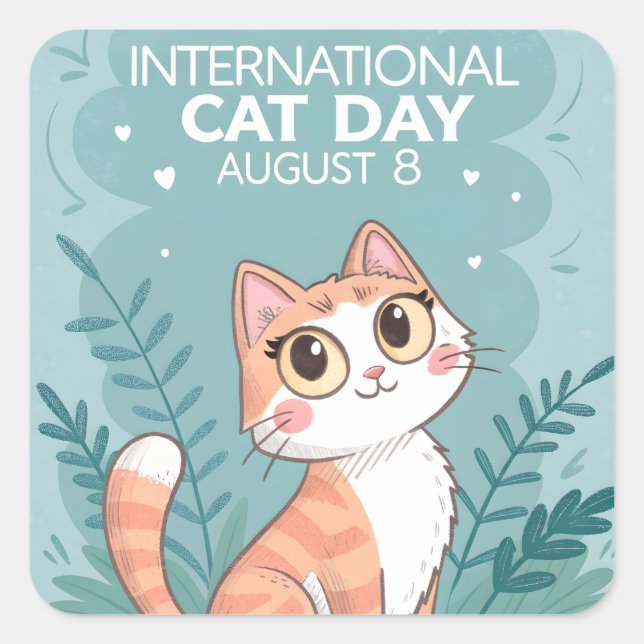 International Cat Day Cute Whimsical Cat Art Quadratischer Aufkleber (Vorderseite)