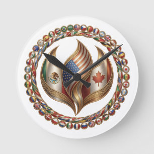 International Unity Flame with World Flags Emblem Runde Wanduhr
