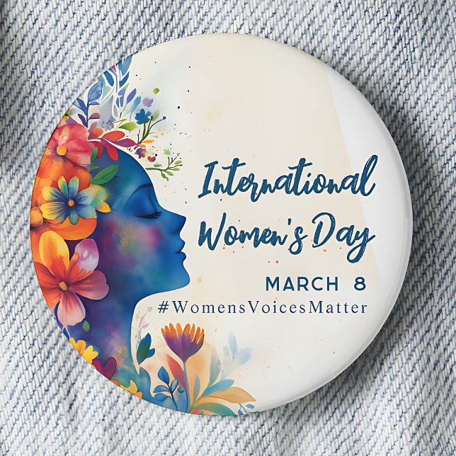 Internationaler Frauentag Button (International Women's Day March 8 Watercolor pinback button. #WomensVoicesMatter)