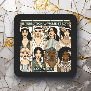 Internationaler Frauentag März 8. Art-Déco Quadratischer Aufkleber