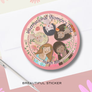 Internationaler Frauentag Rosa Feminine Porträts Runder Aufkleber