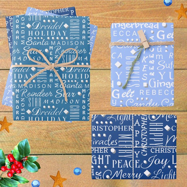 Interreligiöser Urlaub WordArt White On Blue Kids  Geschenkpapier Set (Add your child's name to this fun interfaith gift wrap celebrating Christmas and Hanukkah together)