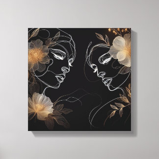 Intertwined Feminine Faces with Golden Florals Leinwanddruck