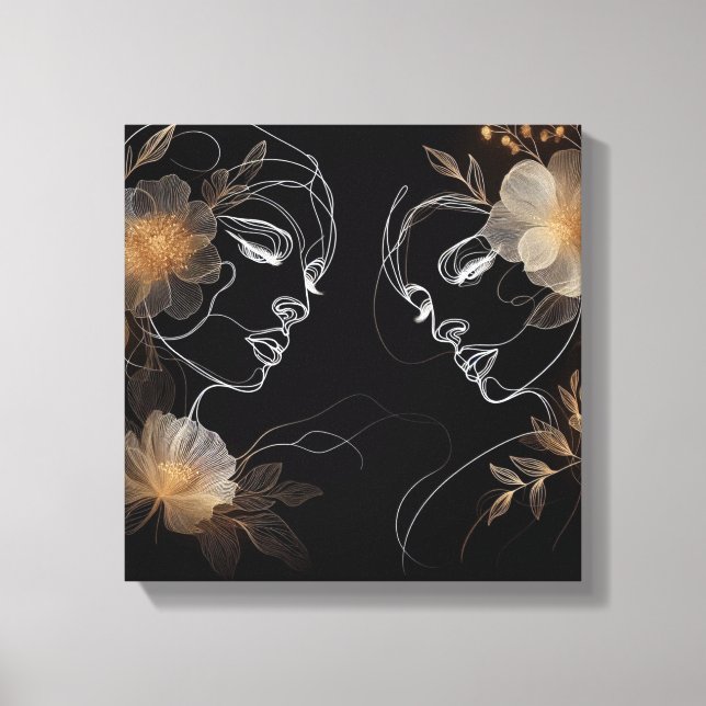 Intertwined Feminine Faces with Golden Florals Leinwanddruck (Vorderseite)