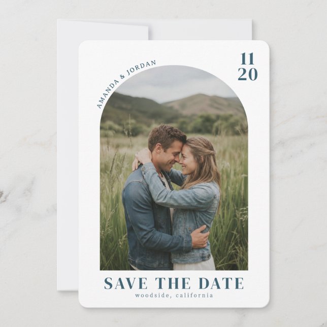 Intime ländliche Blaue Fotografie Save The Date (Vorderseite)