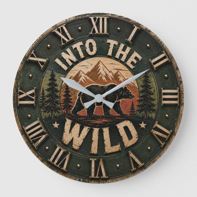 Into the Wild Bear Rustic Cabin Mountain Decor Große Wanduhr (Vorderseite)
