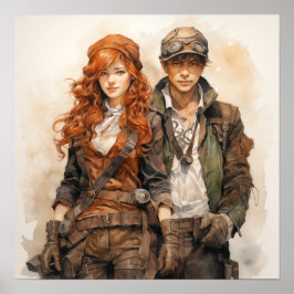 Intrepid Steampunk Explorers Dynamic Duo Art Poster