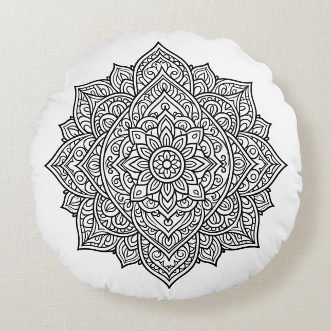 Intricate Black Line Mandala Art Rundes Kissen (Vorderseite)