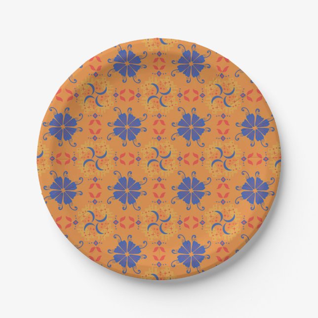 intricate blue and orange floral pattern pappteller (Vorderseite)
