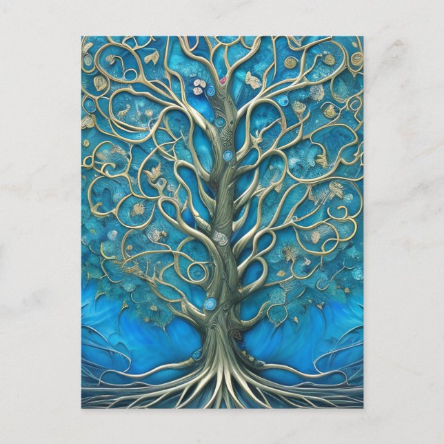 Intricate Blue Floral Tree of Life Graphic Postkarte (Vorderseite)
