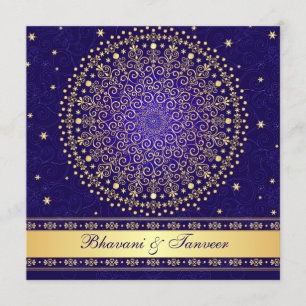 Intricate Blue, Gold Scrollstars Wedding Einladung
