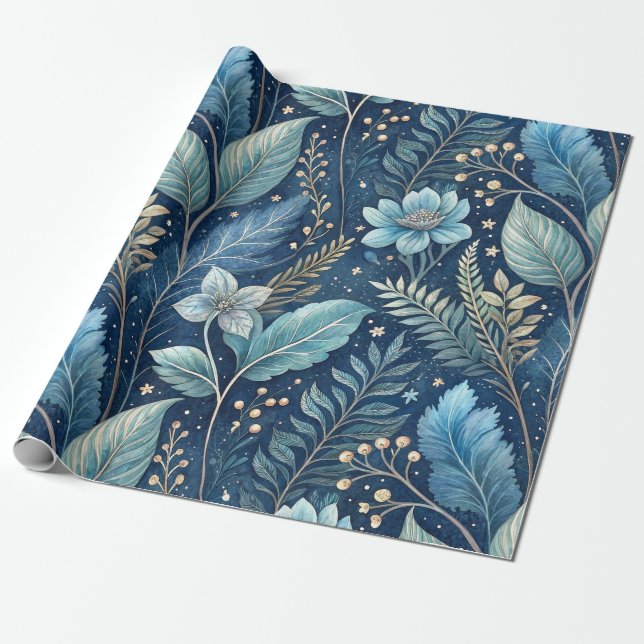 Intricate Blue & Green Botanical - Starry Dark Blu Geschenkpapier (Ungerollt)