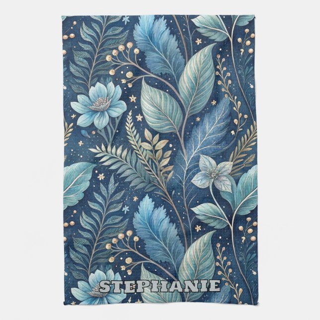 Intricate Blue & Green Botanical - Starry Dark Blu Geschirrtuch (Vertikal)