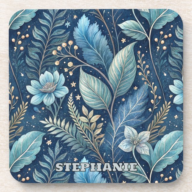 Intricate Blue & Green Botanical - Starry Dark Blu Getränkeuntersetzer (Vorderseite)