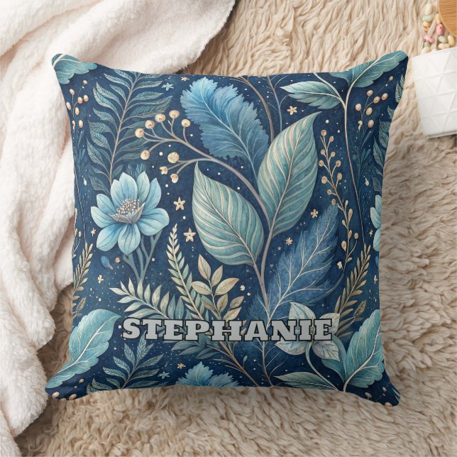 Intricate Blue & Green Botanical - Starry Dark Blu Kissen (Decke)