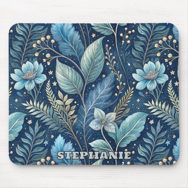 Intricate Blue & Green Botanical - Starry Dark Blu Mousepad (Vorne)