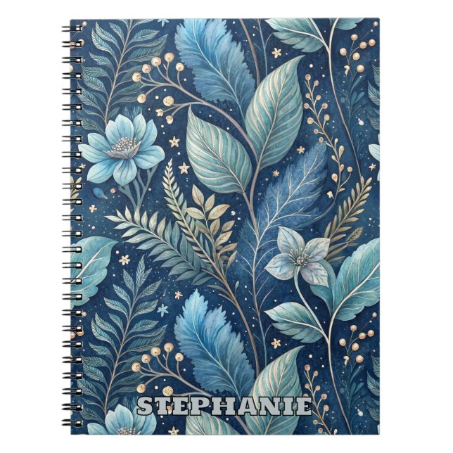 Intricate Blue & Green Botanical - Starry Dark Blu Notizblock (Vorderseite)
