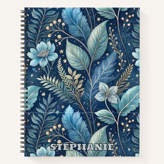 Intricate Blue & Green Botanical - Starry Dark Blu Notizbuch (Vorderseite)