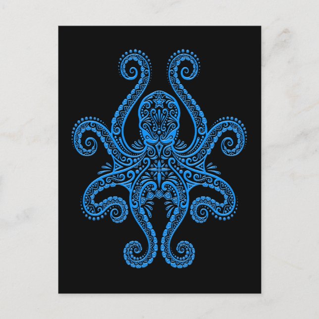 Intricate Blue Octopus auf Schwarz Postkarte (Vorderseite)