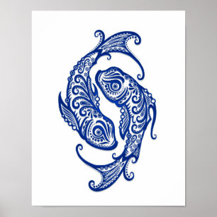 Intricate Blue Pisces Zodiac auf Weiß Poster