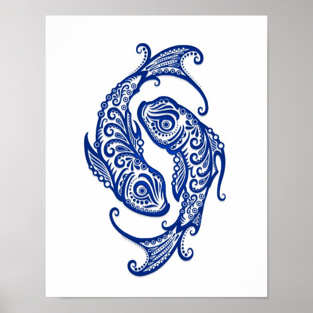 Intricate Blue Pisces Zodiac auf Weiß Poster (Vorne)