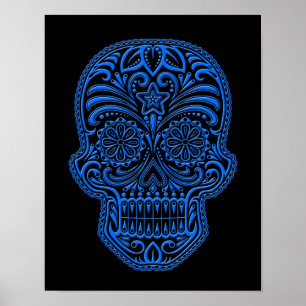 Intricate Blue Sugar Skull auf Black Poster