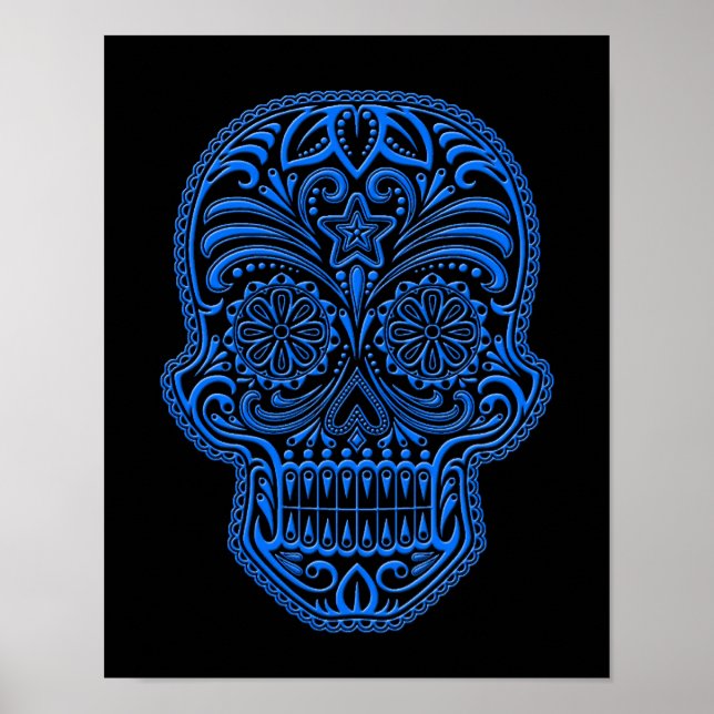 Intricate Blue Sugar Skull auf Black Poster (Vorne)