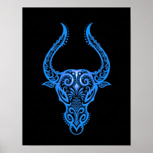 Intricate Blue Taurus Zodiac auf schwarz Poster