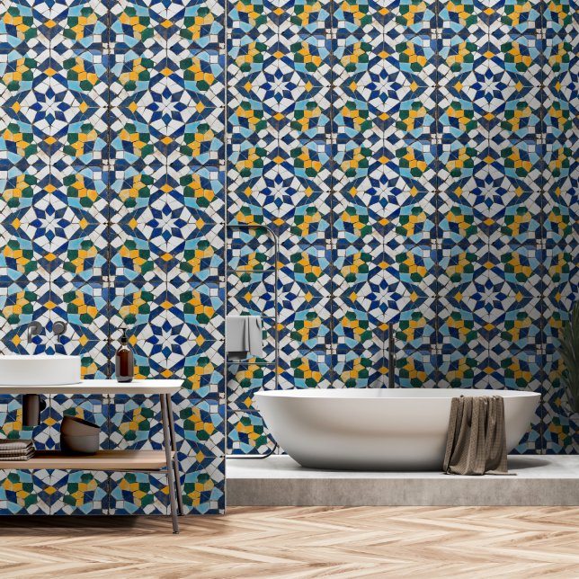 Intricate Blue Tile Pattern Tapete (Badezimmer)