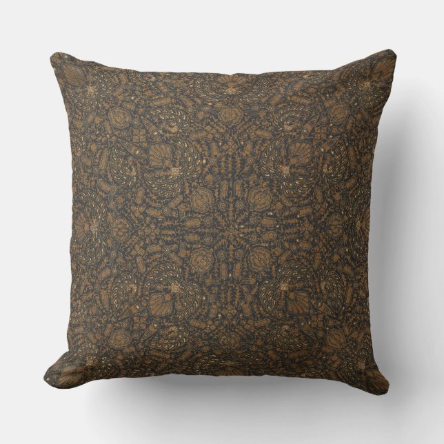 Intricate Brown & Black Batik Throw Kissen (Vorderseite)