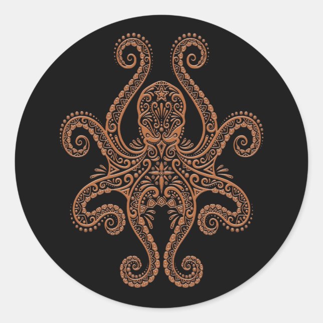 Intricate Brown Octopus auf Schwarz Runder Aufkleber (Vorderseite)
