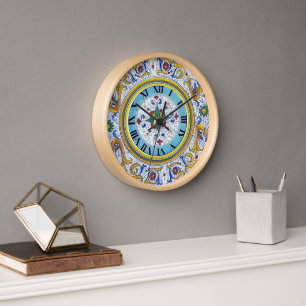 Intricate Deruta Motif Blumenmuster Küche Uhr