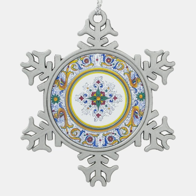 Intricate Deruta Motif Blumenmuster Schneeflocken Zinn-Ornament (Vorderseite)