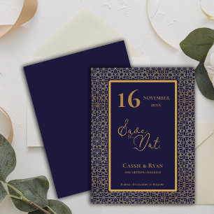 Intricate Design Blue Gold Hochzeit Speichern Sie Einladung