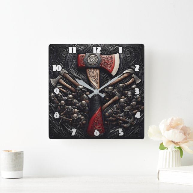 Intricate Design eines Fireman's Ax mit Tribut Quadratische Wanduhr (Zuhause)