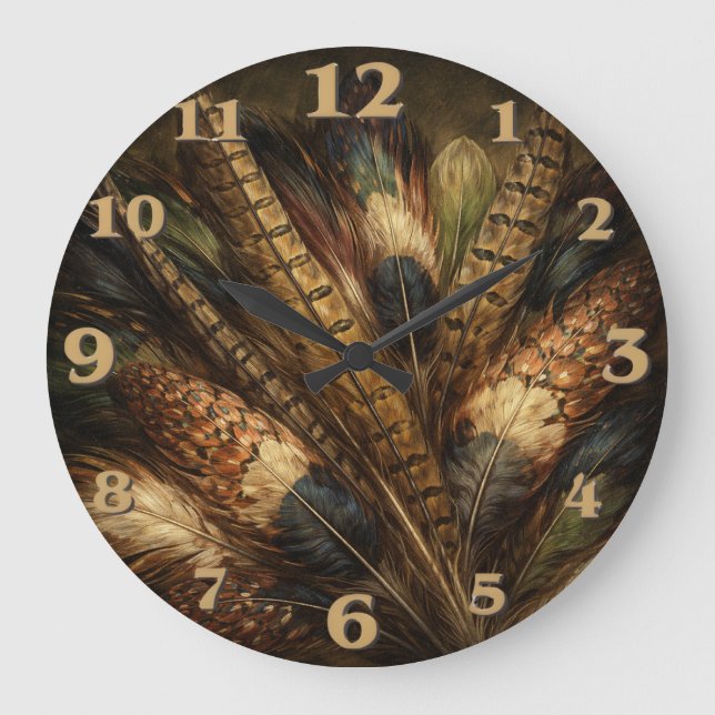 Intricate Fasanenfeder Nahaufnahme Große Wanduhr (Vorderseite)
