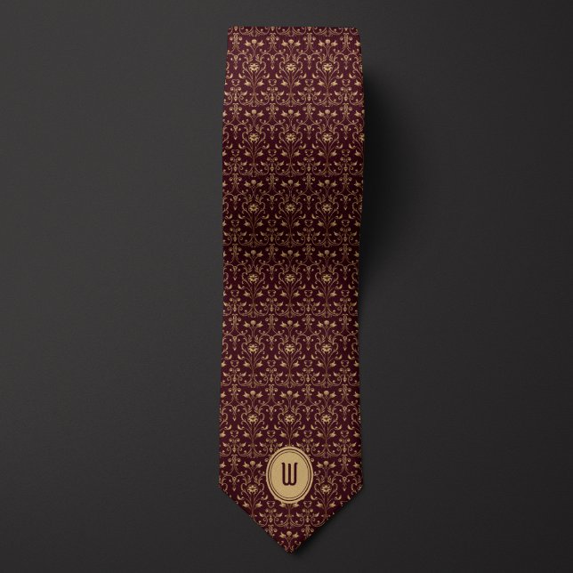 Intricate Gold und Burgundy Floral Monogram Krawatte (Von Creator hochgeladen)