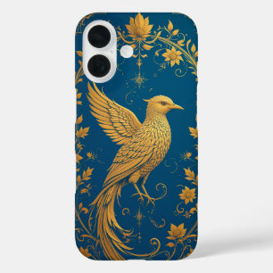 Intricate Golden Bird Motif mit Blumenmuster iPhone 16 Hülle