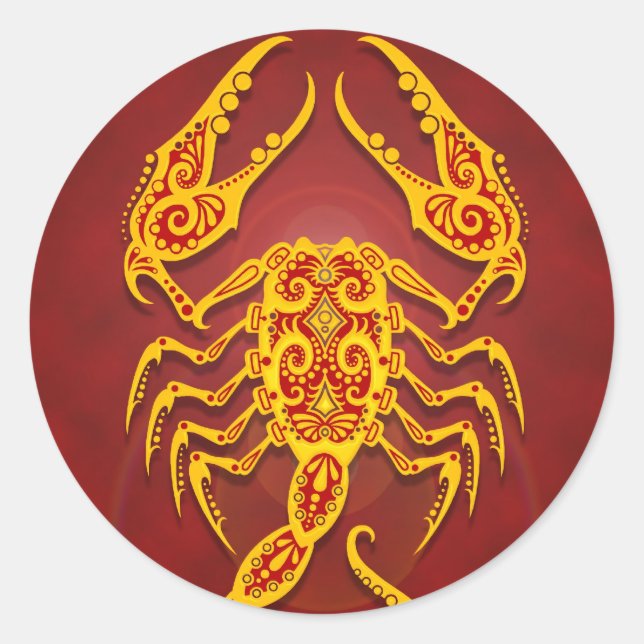 Intricate Golden Red Tribal Scorpio Runder Aufkleber (Vorderseite)