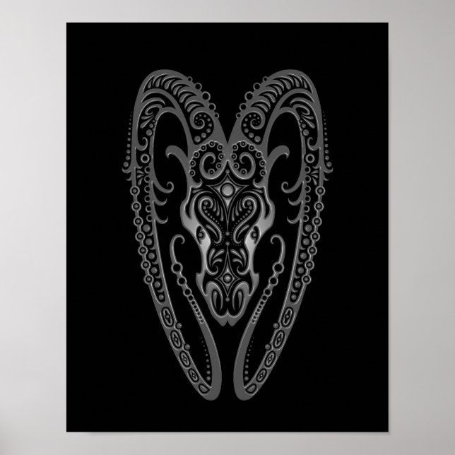 Intricate Gray Aries Zodiac auf schwarz Poster (Vorne)