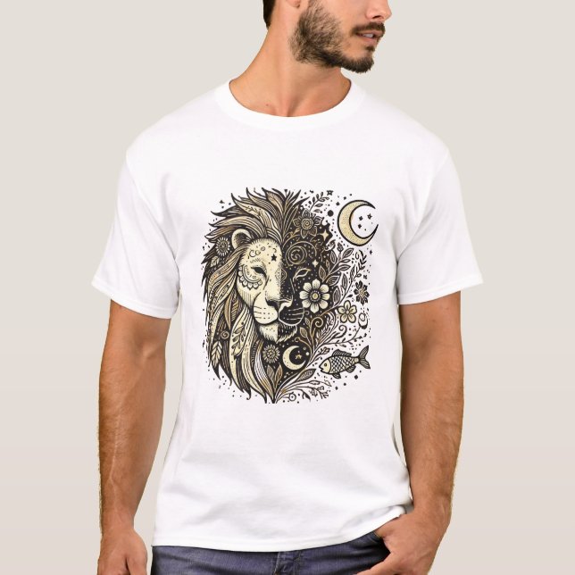 Intricate Lion Head Illustration mit Floral und C T-Shirt (Vorderseite)