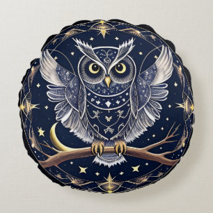 Intricate Night Owl Illustration Rundes Kissen