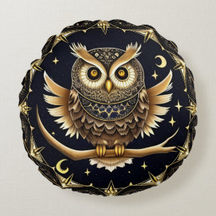 Intricate Night Owl Illustration Rundes Kissen
