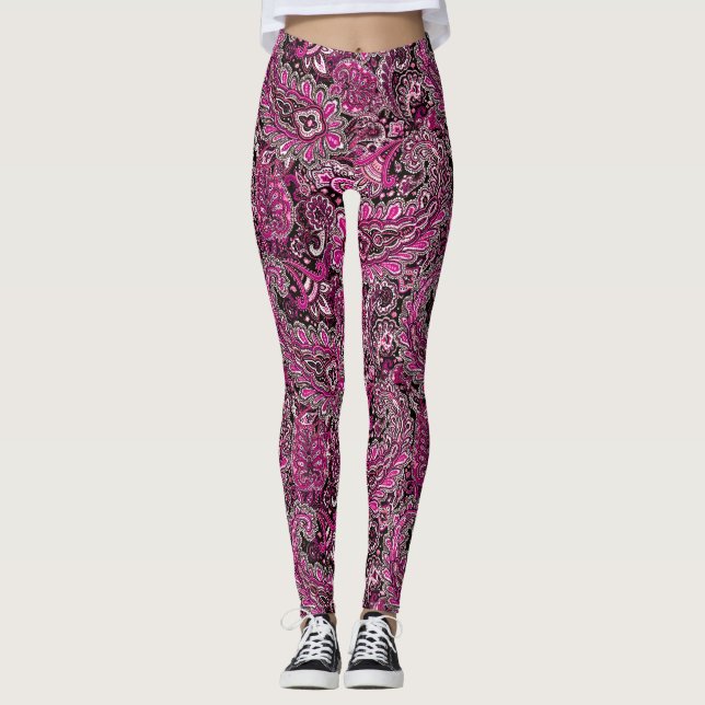 Intricate Paisley in Vibrant Pinks on Black  Leggings (Vorderseite)